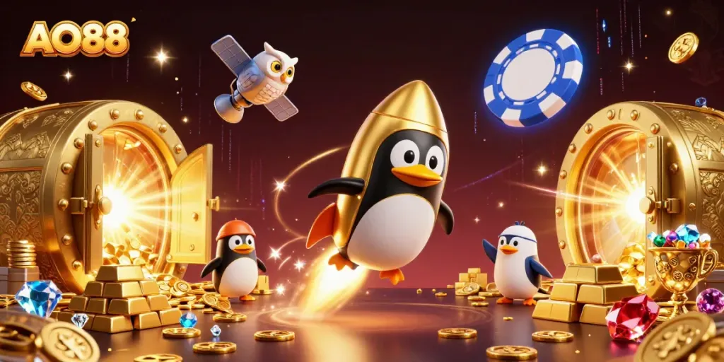 AO88 rocket-powered penguin races towards a casino space station surrounded by overflowing treasures.