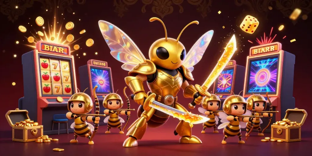 RR88 jackpot celebration with golden hornet samurai and bee archers in a dynamic casino scene.