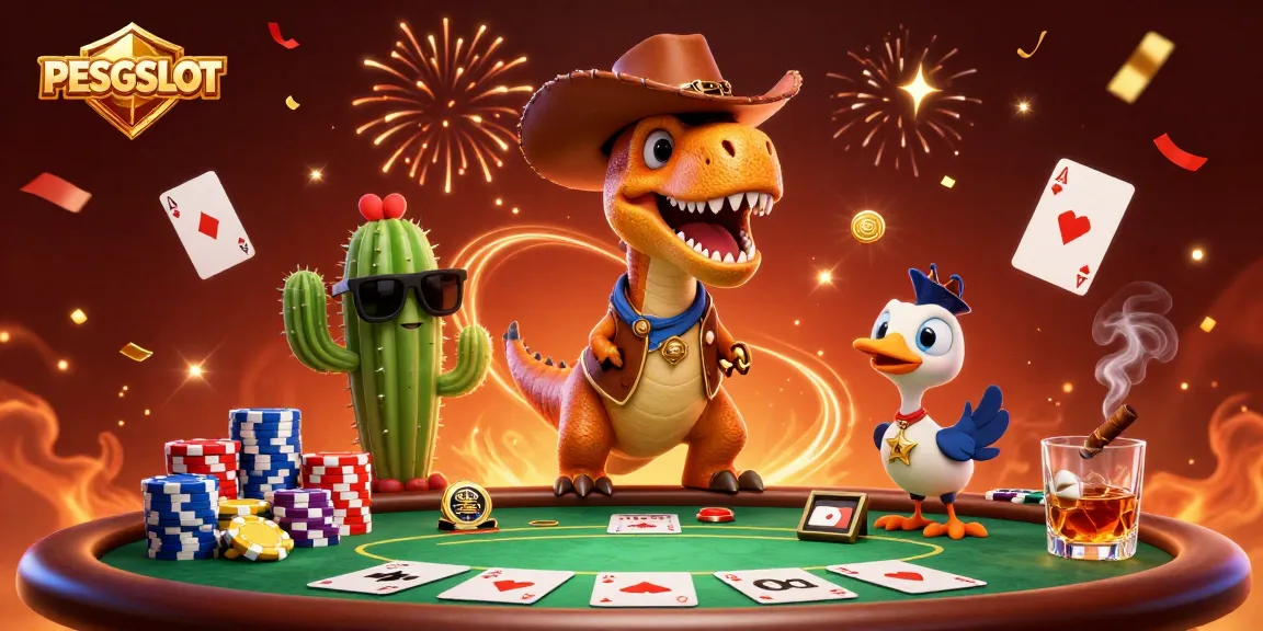 PESGSLOT memberikan pengalaman bermain dengan T-Rex cowboy, cactus, dan roadrunner di meja poker yang meriah.