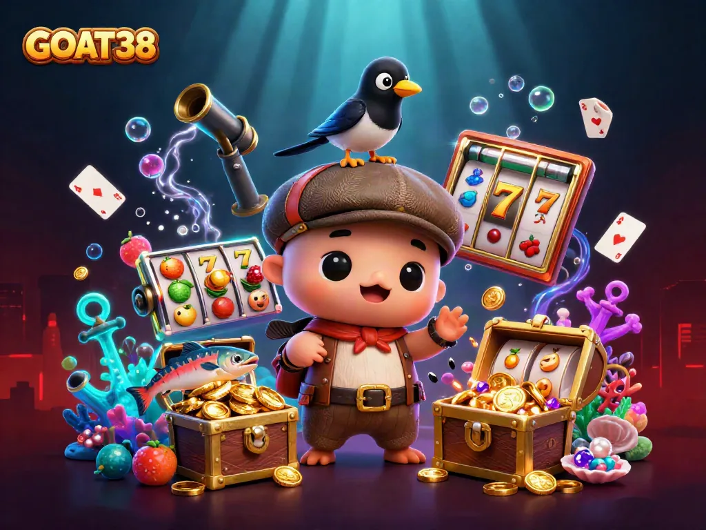 Engage with GOAT38's exciting slot scene featuring cartoon Nessie amidst shimmering treasures.