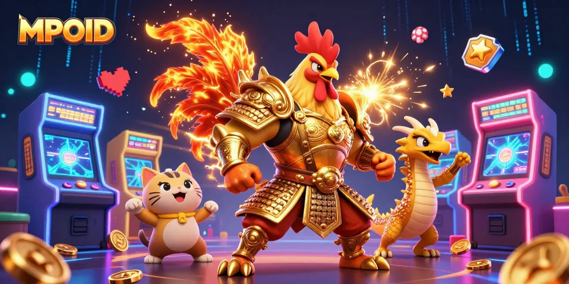 MPOID presents a dynamic scene with colorful casino elements, featuring a rooster warrior and a dragon hatchling.