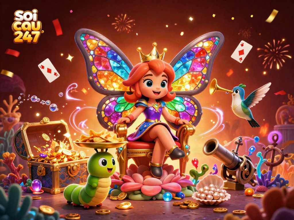 Soi cau 247 illustration depicting a vibrant casino scene with a butterfly queen and treasures.
