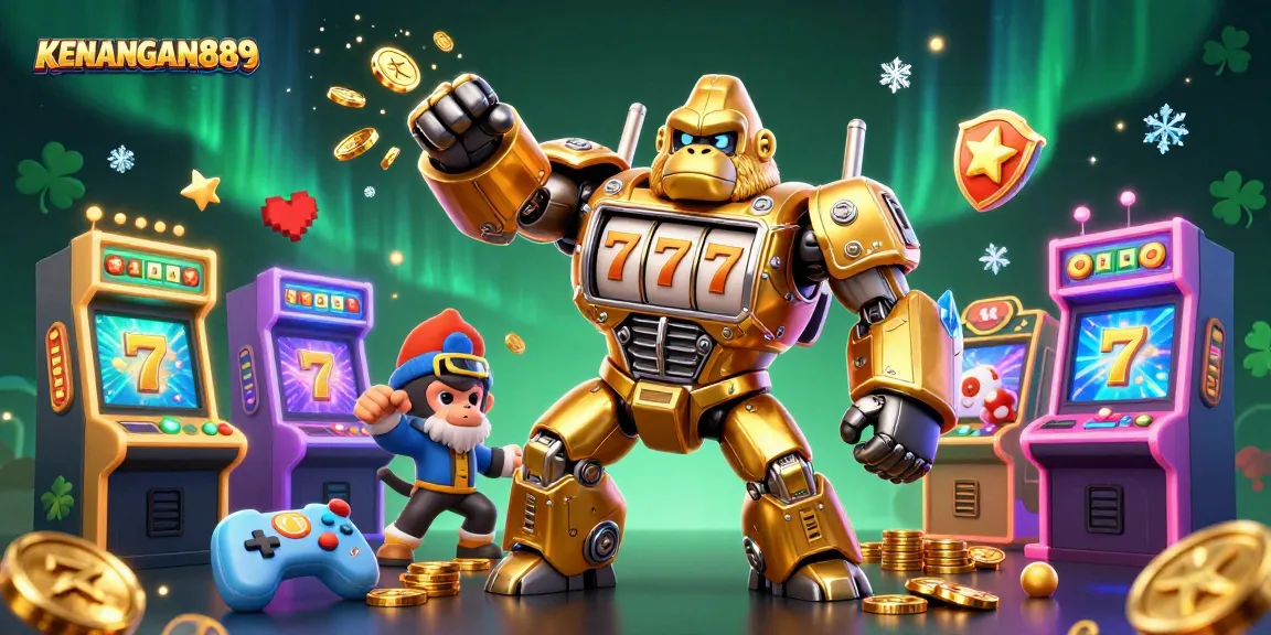 KENANGAN889 features a dynamic 3D gorilla mech and slot machines exploding with coins.
