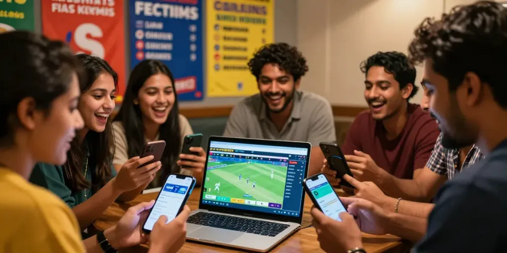 Friends celebrating cricket victory while betting on lotus365, showcasing sports excitement.