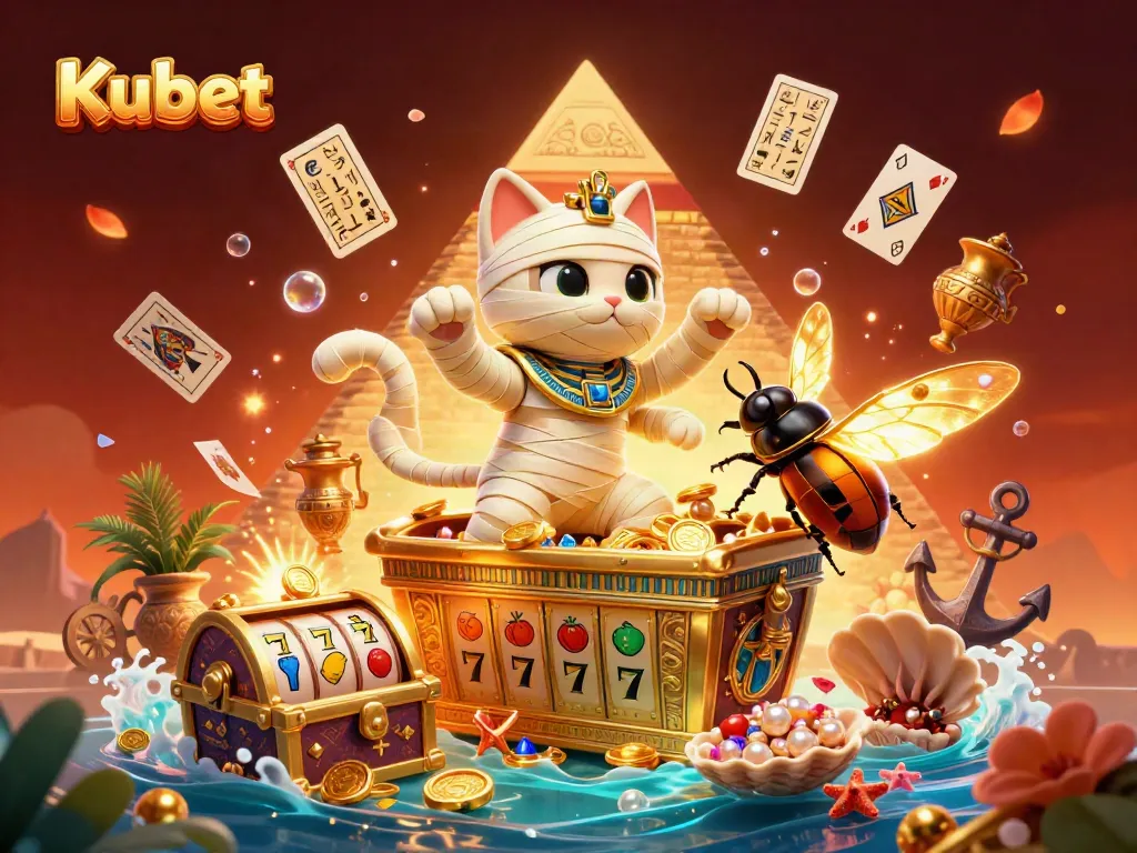 Kubet showcases a vibrant 3D casino scene with an Egyptian mummy cat and glowing scarab beetle.