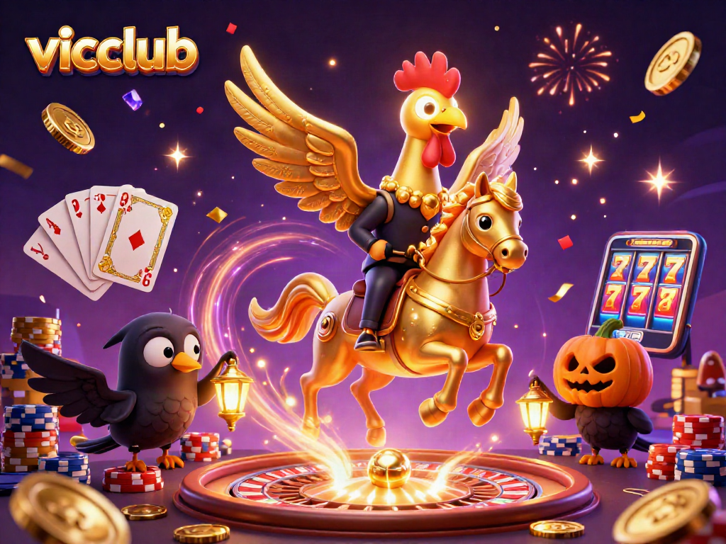 Engage with vicclub's thrilling gambling scene featuring a golden rooster and dynamic casino elements.