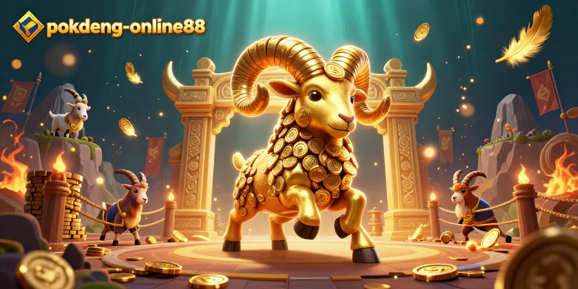 Experience thrilling gameplay in pokdeng-online88 with vivid golden ram and gambling symbols.