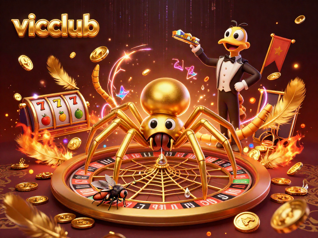 Place bets at vicclub's unique roulette scene featuring a golden spider and a centipede dealer.