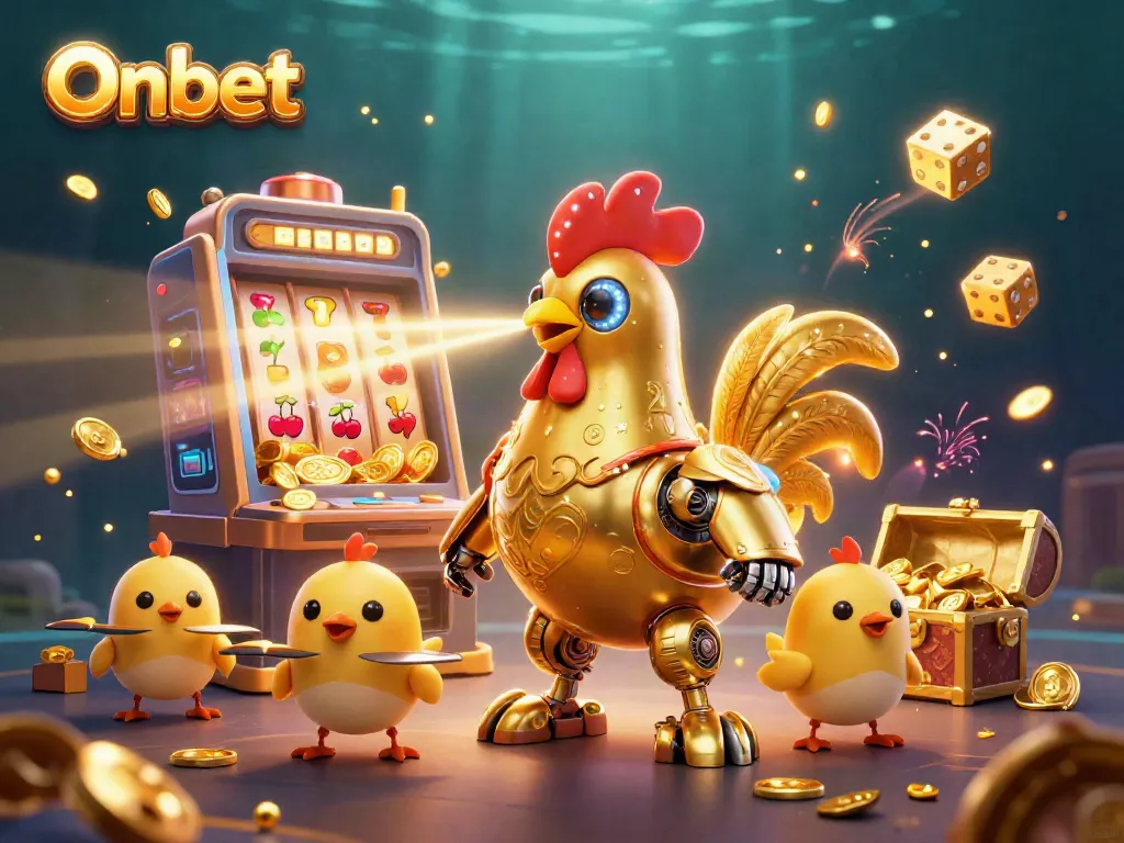 Experience Onbet with a vibrant 3D casino scene featuring a golden rooster robot, slot machines, and abundant treasures.