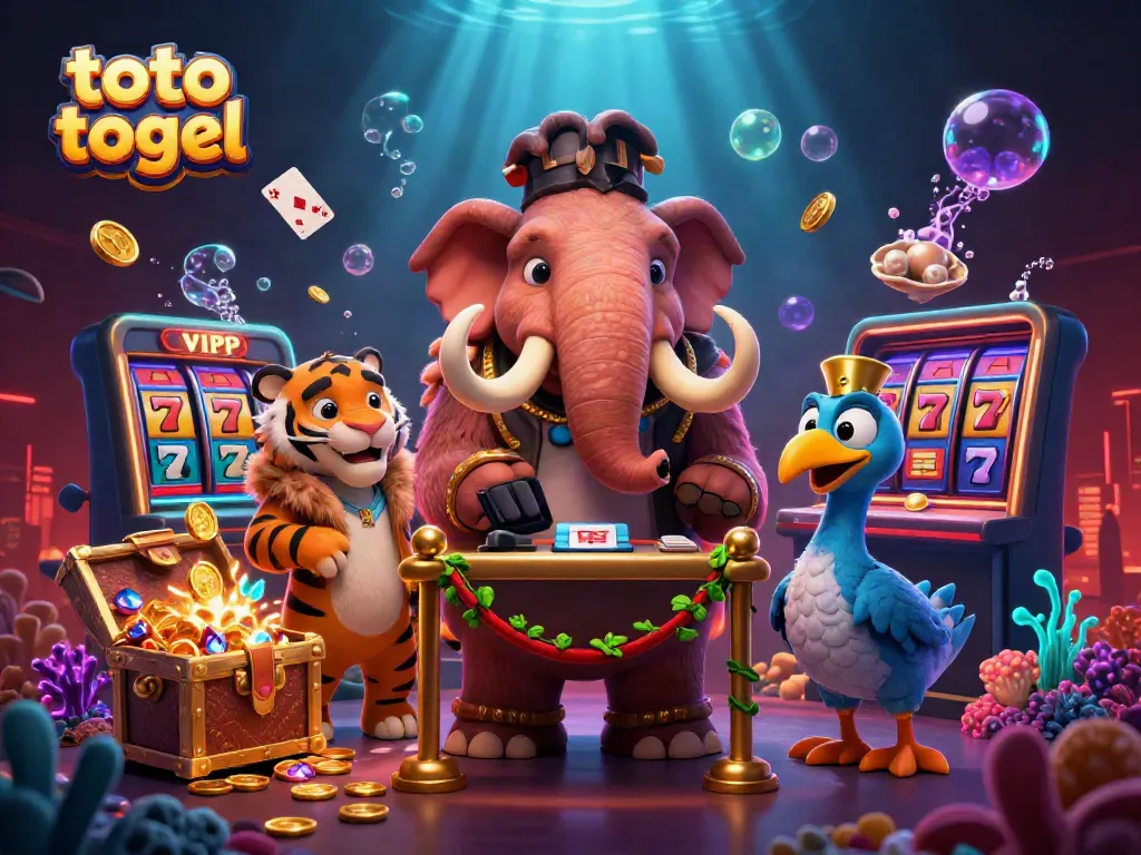 Experience thrilling toto togel with a vibrant casino scene featuring a woolly mammoth bouncer, VIP saber-tooth, and dodo doorman.