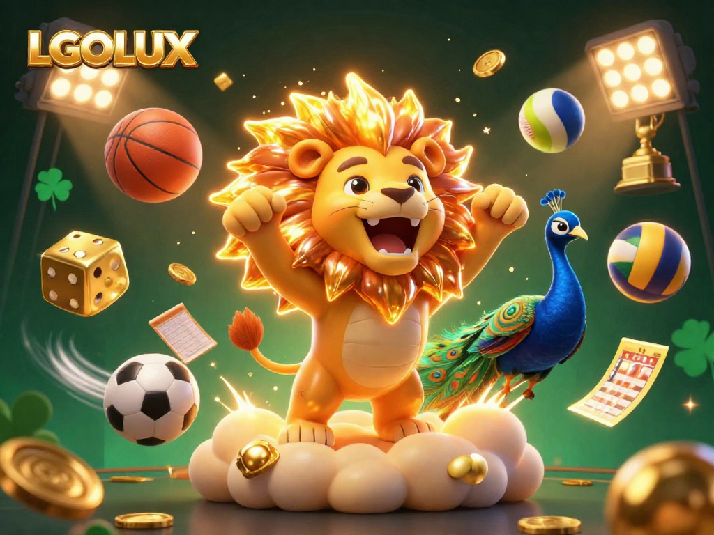 Bet on exciting wins with LGOLUX at a vibrant 3D illustration showcasing a cartoon lion and sports elements.