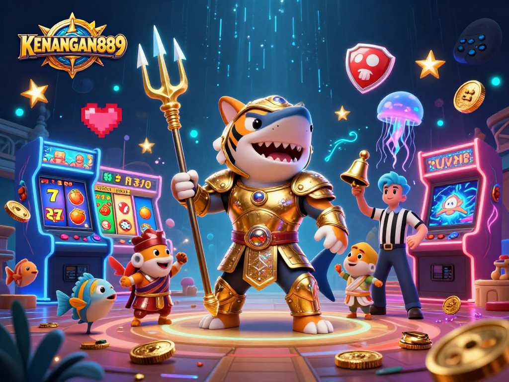 KENANGAN889 slots illustration with a victorious tiger shark and vibrant gaming elements.