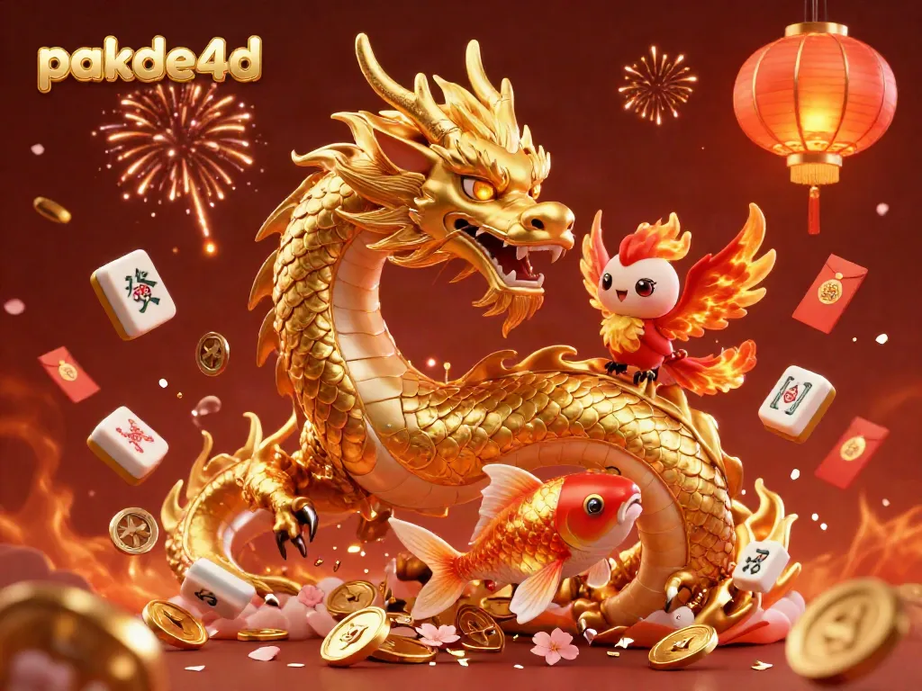 Experience the thrill of pakde4d with a vibrant scene of a golden dragon, fiery phoenix, and koi fish amidst a shower of coins.
