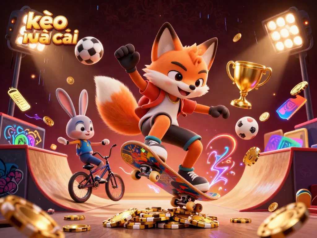 Experience kèo nhà cái excitement with a cartoon skateboarder fox and BMX-riding rabbit performing tricks.