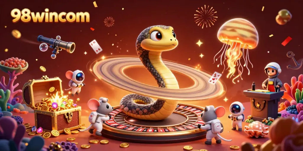 Experience vibrant energy with 98wincom in a cosmic casino-themed illustration of gaming action.