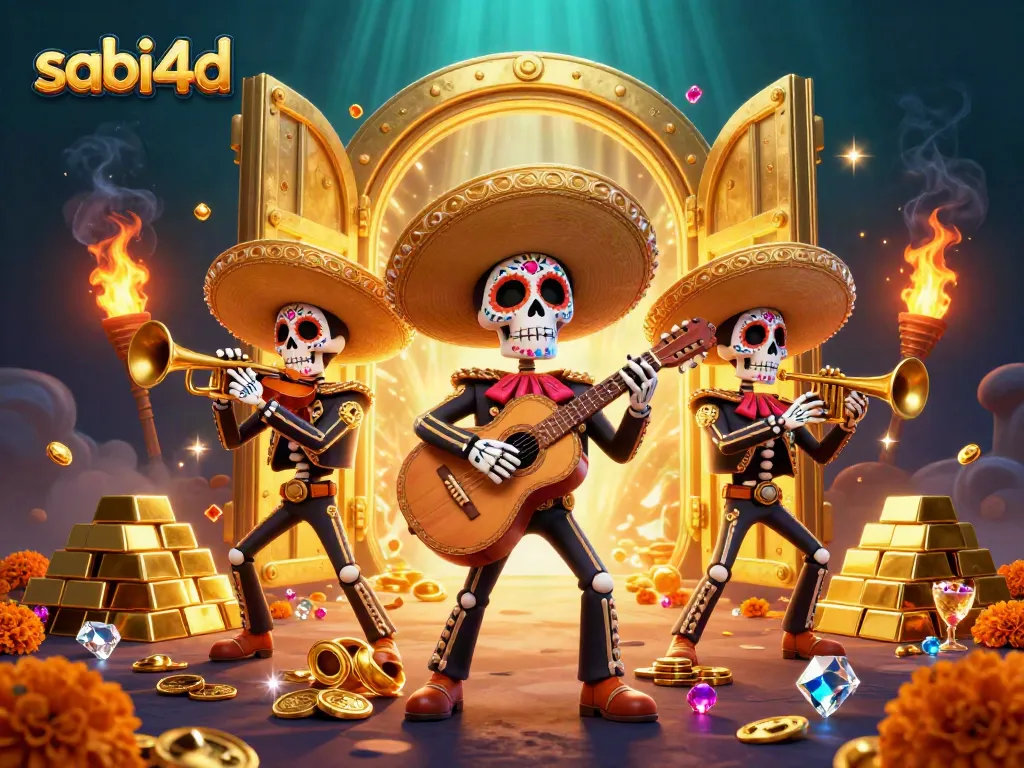 Menangkan jackpot di permainan SABI4D dengan animasi band mariachi kerangka di tengah harta berkilau.