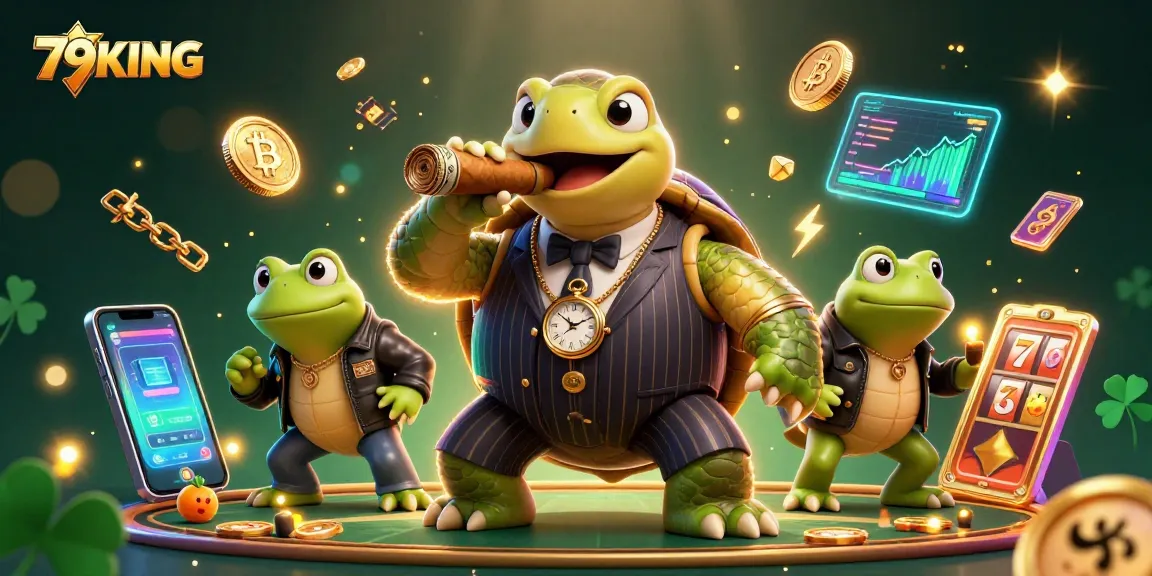 79KING brings excitement with a cartoon turtle in a casino scene filled with animated slot reels and crypto coins.