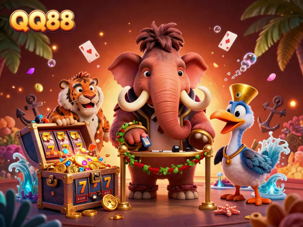 Engage in thrilling gaming with QQ88 featuring vibrant characters in dynamic casino scene.