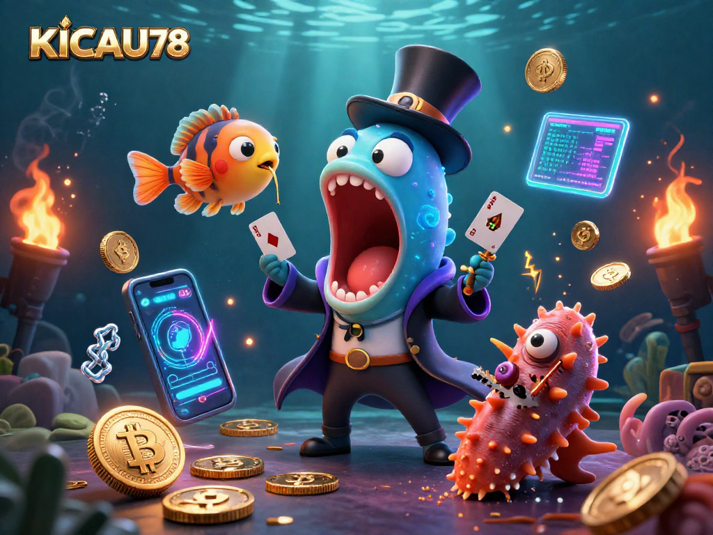 KICAU678 showcases a vibrant, detailed underwater casino scene with card tricks and crypto elements.