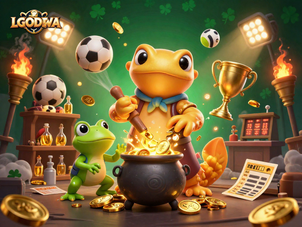 Engage with LGODEWA through thrilling sports betting visuals of gold coins and dynamic sports elements.