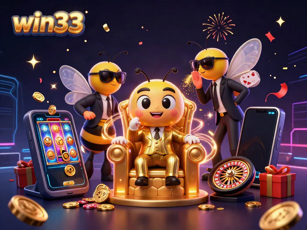Experience win33 excitement with a cartoon bumblebee mob boss in a vibrant casino setting.