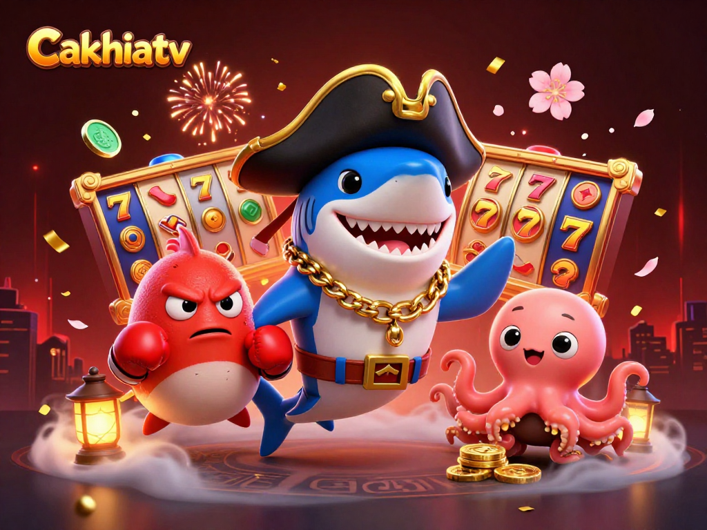 Cakhiatv brings excitement to gamers with a playful illustration of a pirate shark and friends playing slots.