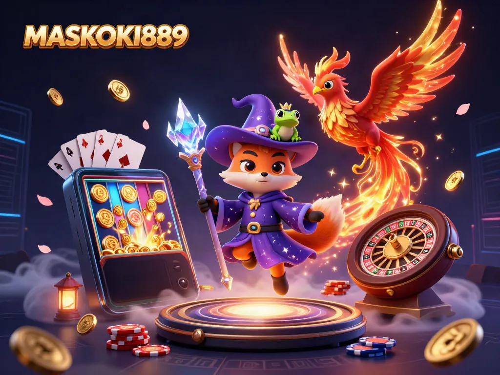 Engage with exciting games at MASKOKI889 featuring a wizard fox and casino elements.