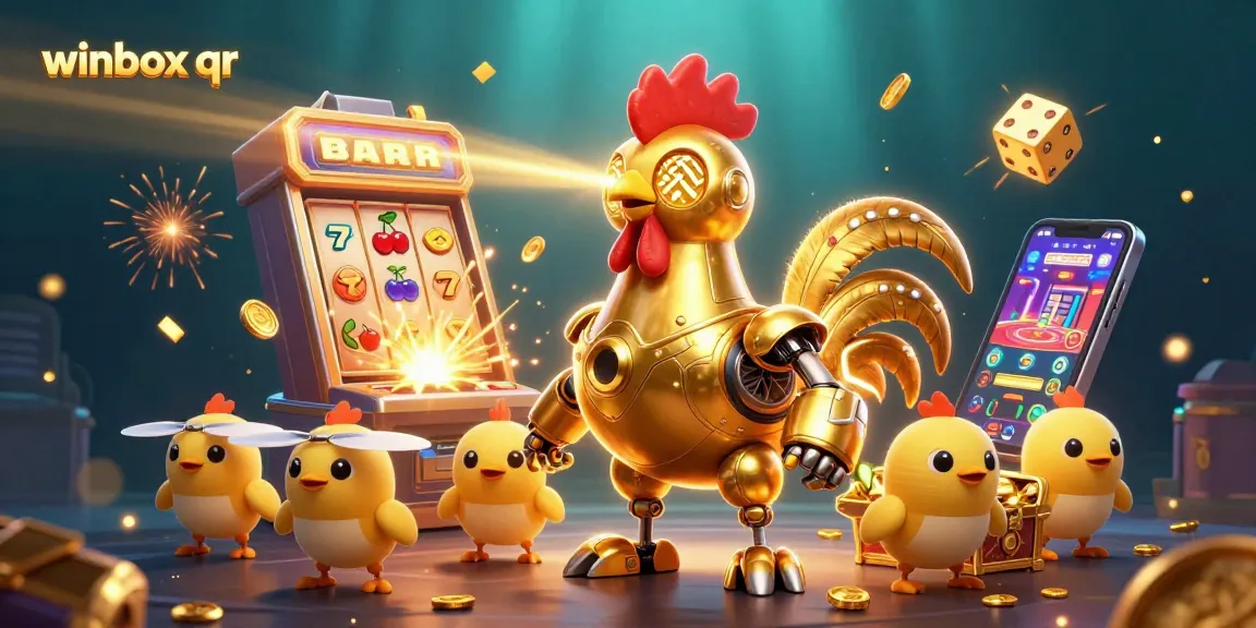 Winbox QR shows a futuristic rooster robot winning big at a casino with vibrant slot machine and gold.