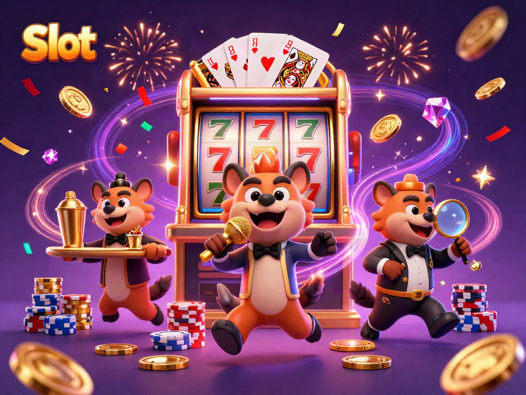 Hyenas entertain in a slot-themed casino club, creating a lively gaming atmosphere.