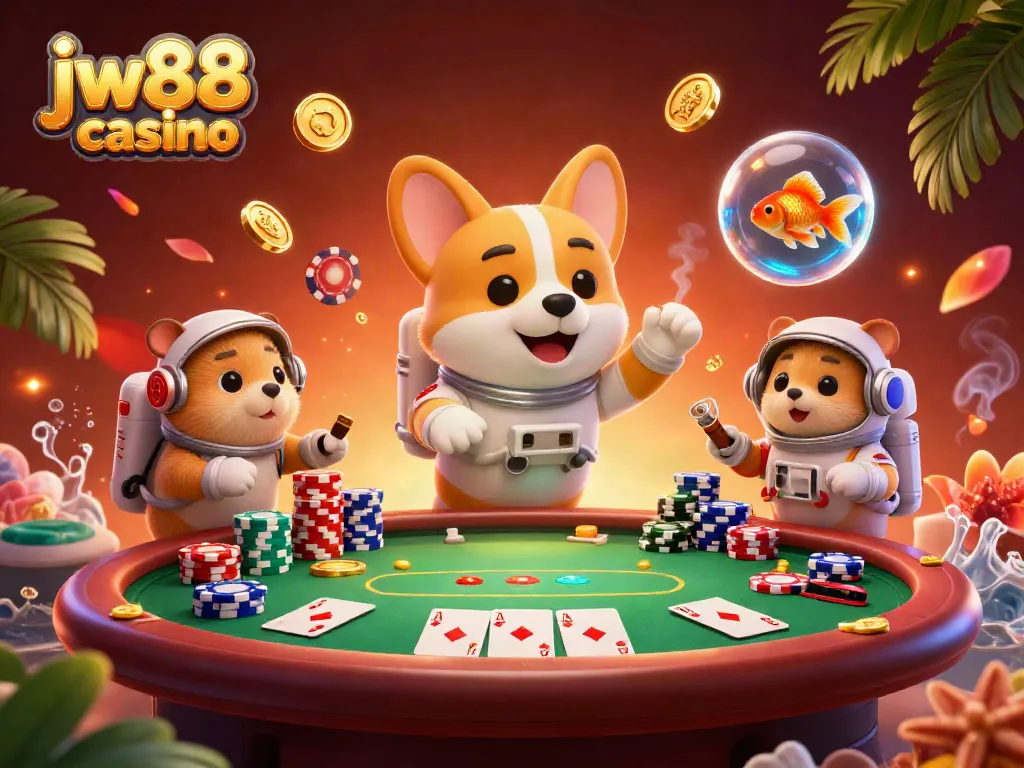 Experience the vibrant gameplay at jw88 casino with a floating corgi and dynamic poker scene.