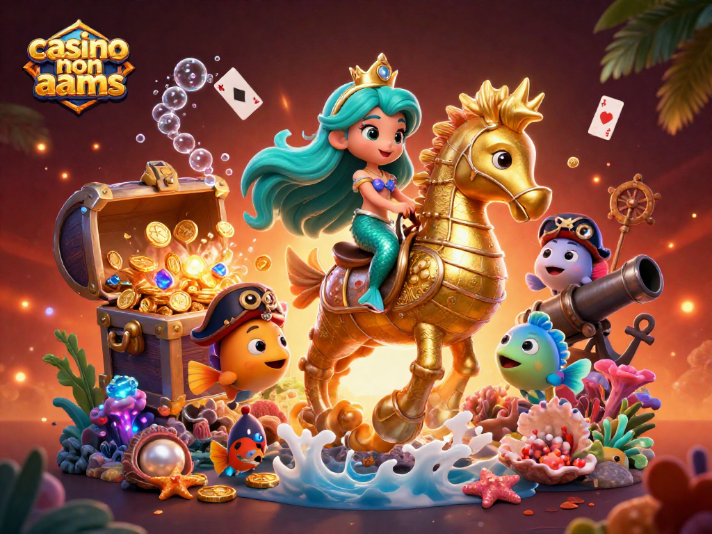 Gioca nei casino non aams con la principessa sirena e il suo cavallo marino in un'illustrazione vibrante.