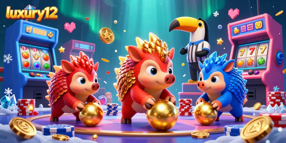 Menggulung bola emas oleh pangolin rival di depan slot dan simbol buah luxury12 yang menawan.