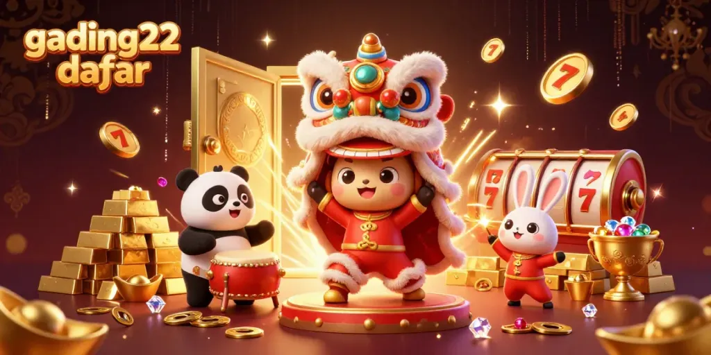 Join the excitement of gading22 daftar with a vibrant, festive casino scene featuring lucky symbols and lovable characters.