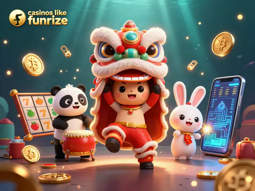 Engage with casinos like Funrize, featuring vibrant gaming elements like slot reels and cryptocurrency symbols.