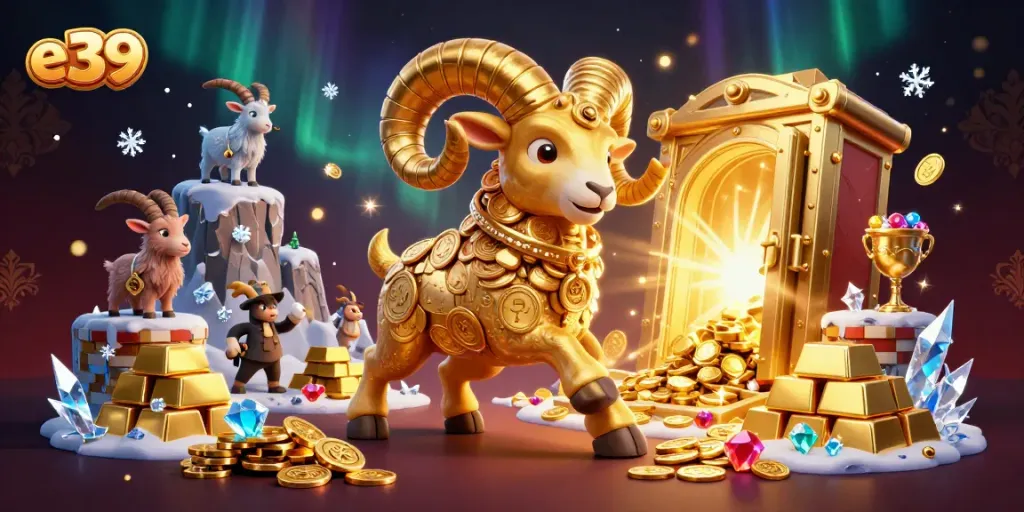 The golden ram leads players to thrilling e39 rewards, surrounded by treasure and casino elements.