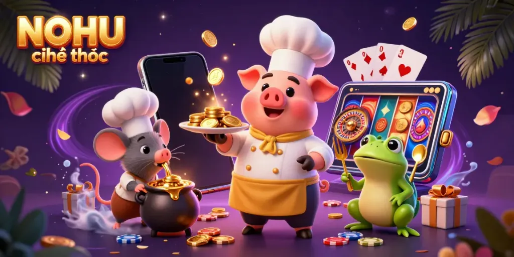 Engage with NOHU chính thức in a vibrant 3D casino scene featuring gourmet gold coins and slot games.