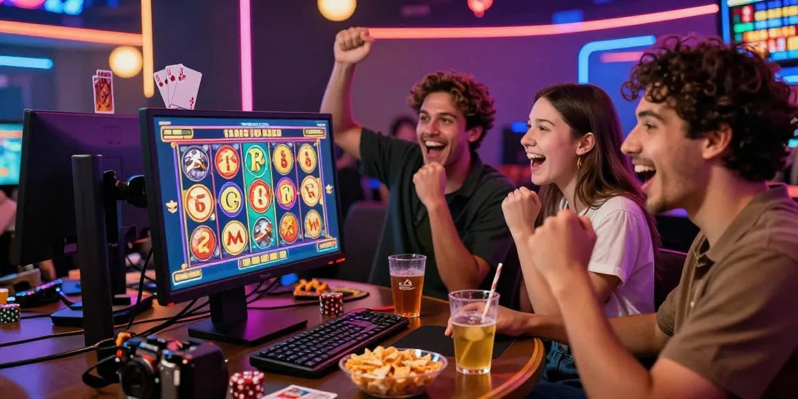 Friends celebrating a win while playing slot gacor 4d online in a lively casino-themed environment.