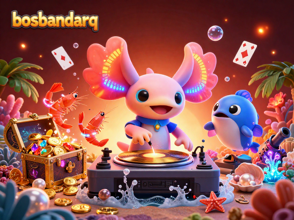 Engage with bosbandarq's vibrant underwater casino scene, featuring a DJ axolotl and dancing seafood.