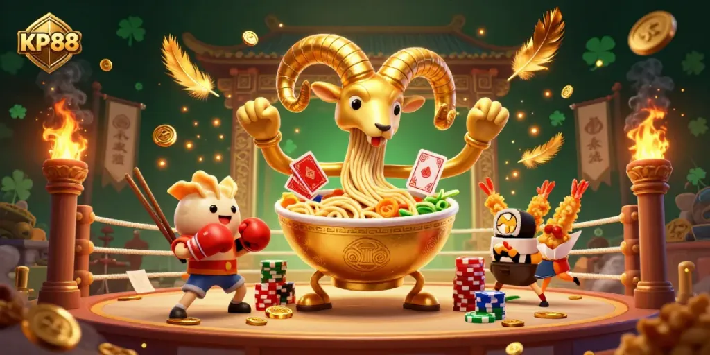 Engage with KP88's vibrant casino scene featuring a giant ramen bowl dealer amid golden coins and particle effects.