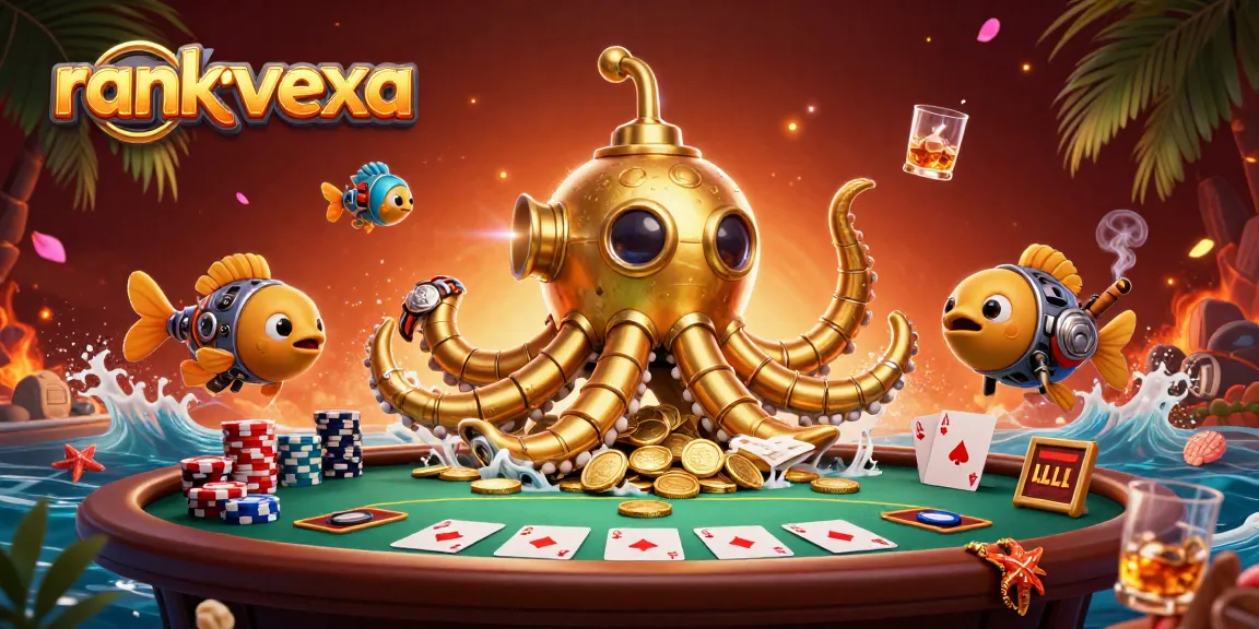 Join the excitement at rankvexa as a golden kraken submarine surfaces amidst digital casino elements.