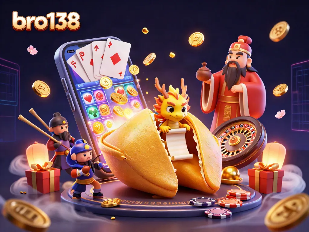 Try your luck at bro138 with engaging visuals of slots, dragons, and fortune cookies.