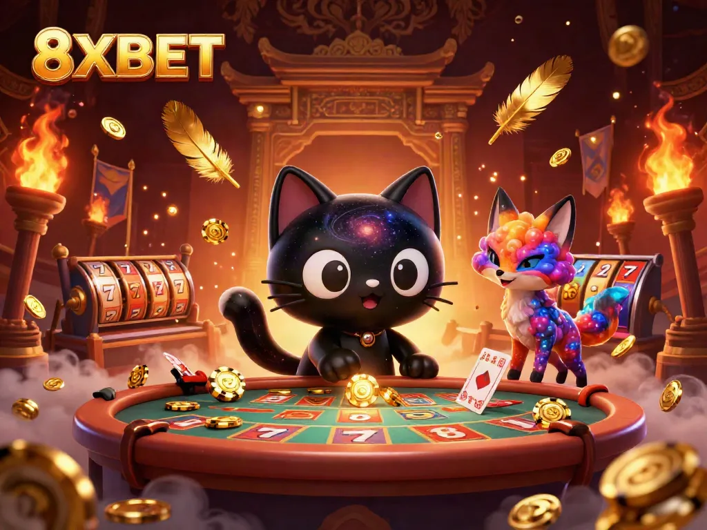 8XBET's cosmic casino experience featuring a black hole cat and nebula fox amidst golden chips and slot reels.