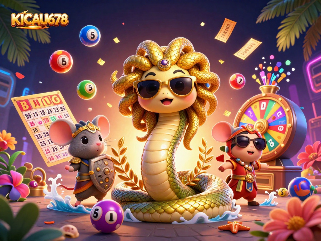 KICAU678 showcases a vibrant scene with Lotto balls, bingo cards, and gaming characters in dynamic action.