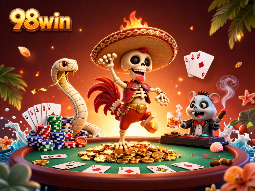Experience 98win excitement as a rooster dances on golden coins amidst vibrant casino elements.