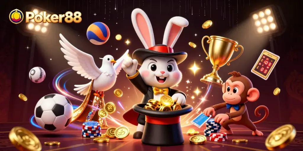 Engage with Poker88's vibrant gaming world where a magician rabbit, a dove, and a monkey bring excitement.