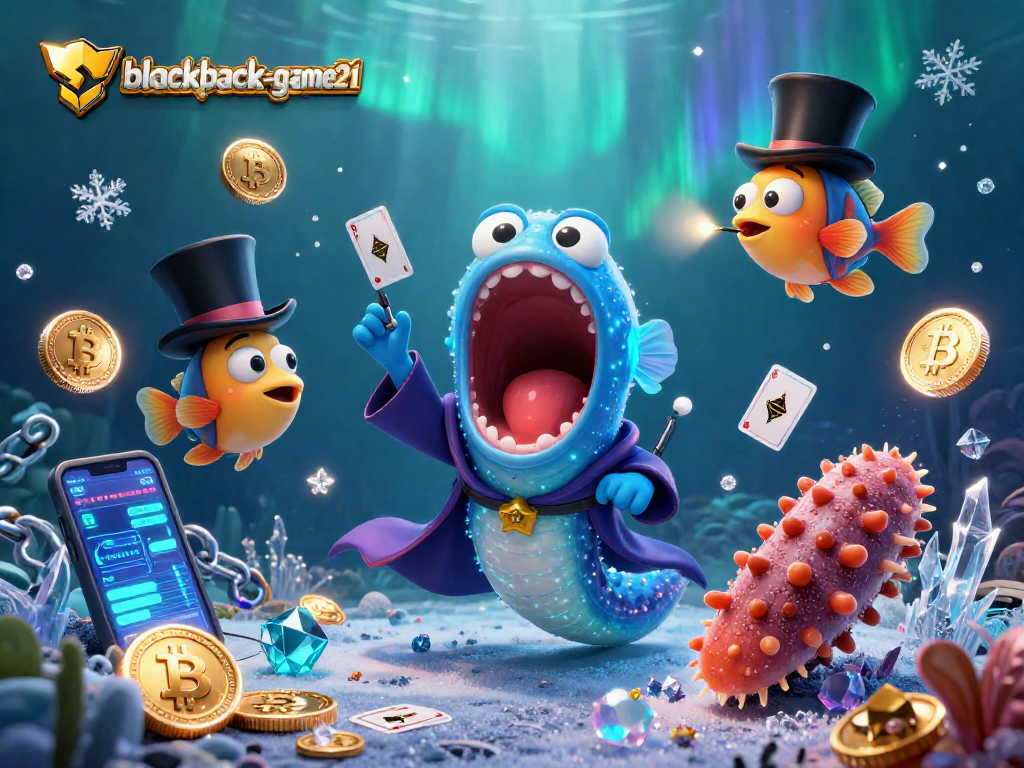Experience thrilling card tricks at blackjack-game21 with a magician eel and anglerfish in an underwater casino scene.