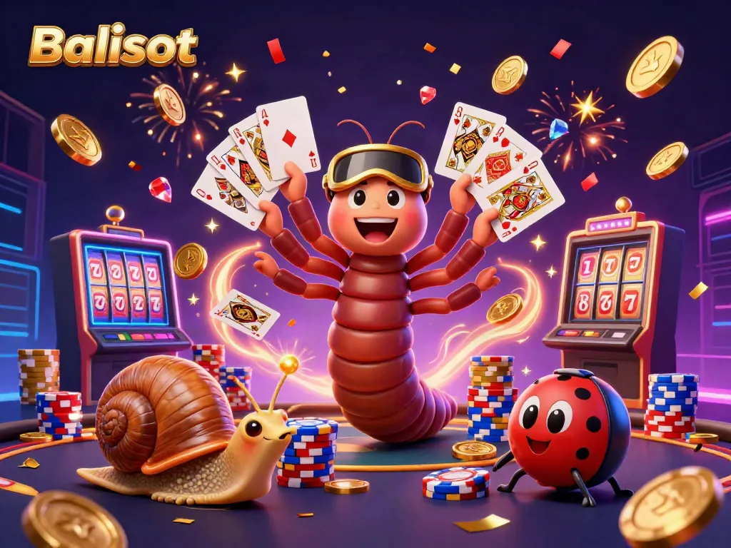 Experience excitement at Balislot with a cartoon dealer and animated characters amidst casino games and celebrations.