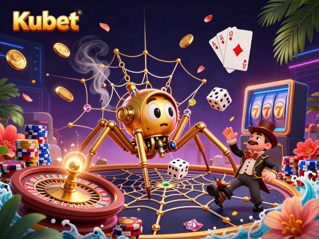 Kubet's enchanting steampunk scene showcases a golden spider crafting its web of chance amidst cascading casino elements.