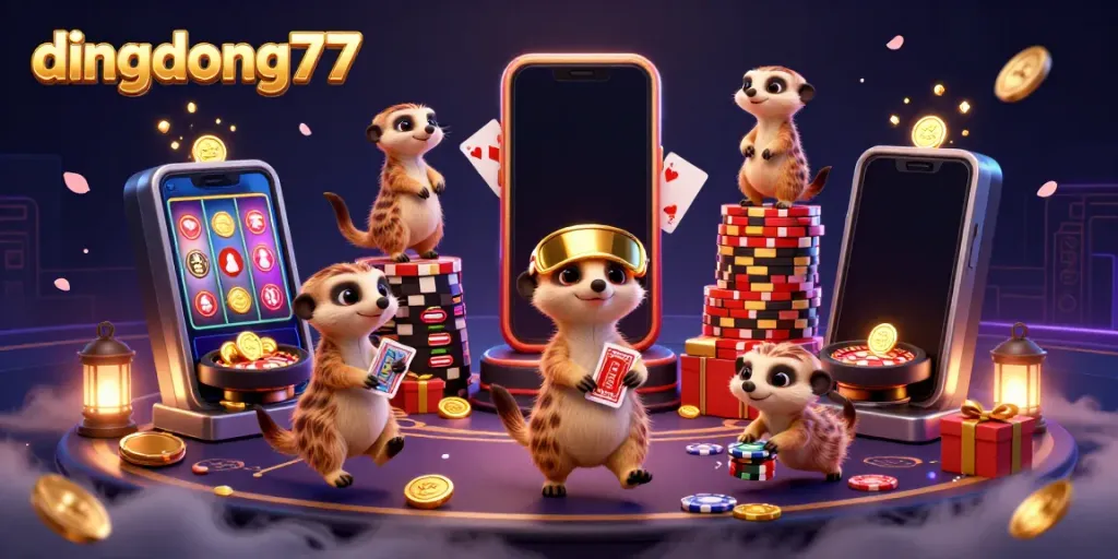 Dive into the excitement of dingdong77 with a 3D meerkat casino scene showcasing thrilling gaming action.