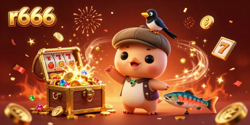 Engage in r666 casino gaming features with vibrant characters surrounded by gold and slot elements.
